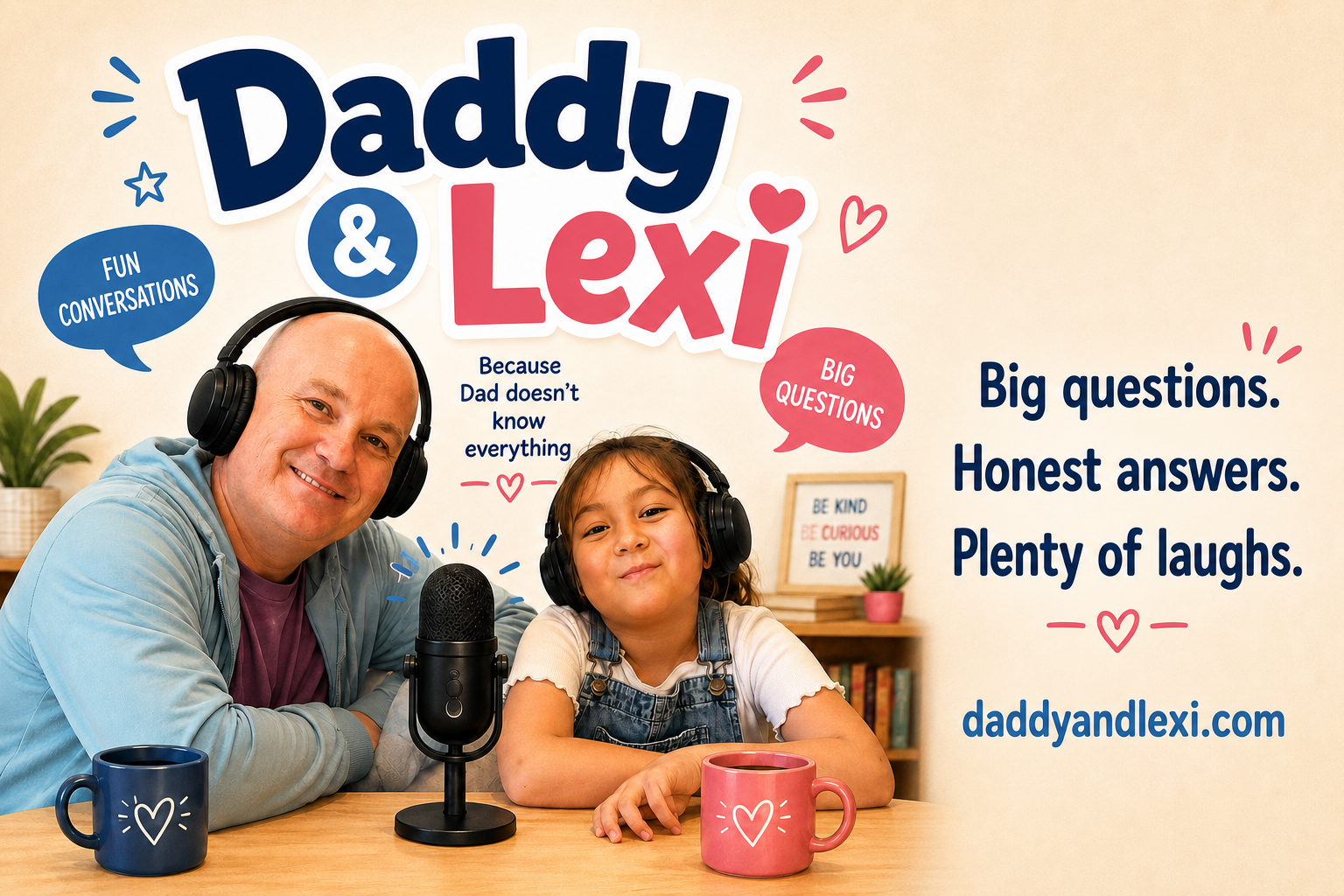 Daddy and Lexi podcast artwork showing a father and daughter wearing headphones at a microphone